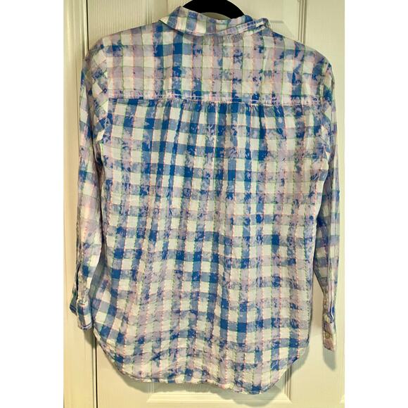 Anthropologie Blue & Neon Check Lightweight Button Down Shirt Womens Size XS. - Picture 2 of 8